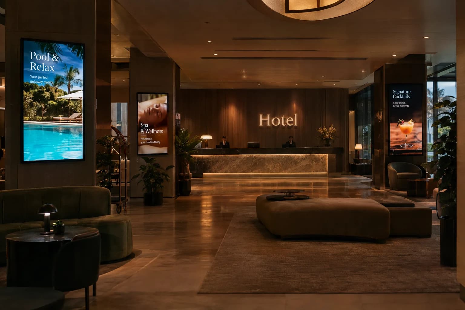 A hotel lobby in the evening. Three portrait screens, by the entrance, beside the spa corridor and across from the desk, each running a different offer in the same house style.